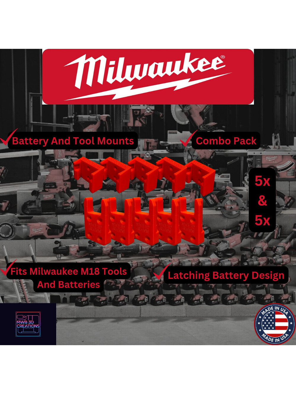 10 Piece Combo Pack Milwaukee M18 Battery & Tool Holder / Mount / Hanger